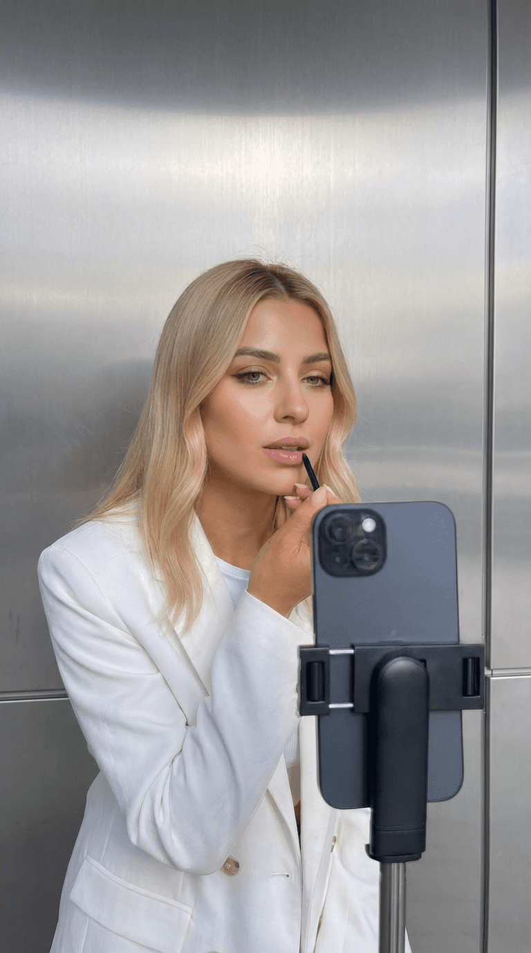 Creator recording a beauty video into a phone on a tripod