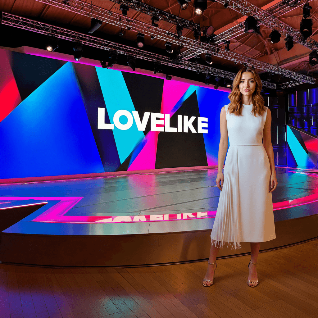 Presenter on a studio stage in front of a large LED wall showing the Lovelike logo