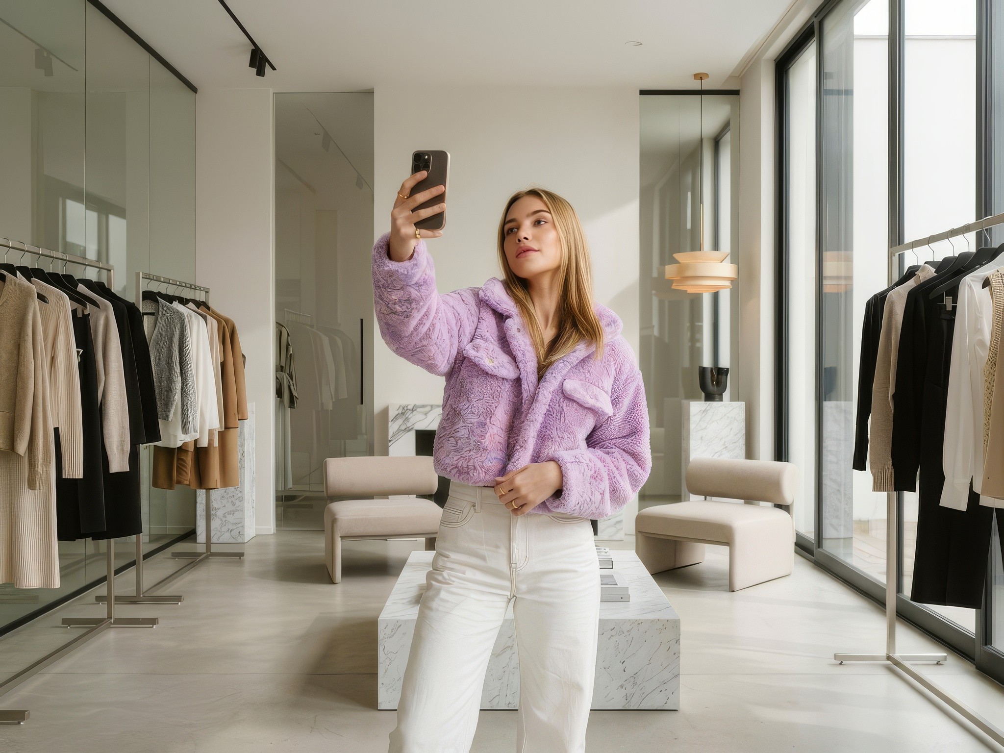 Creator filming a mirror video in a clothing showroom