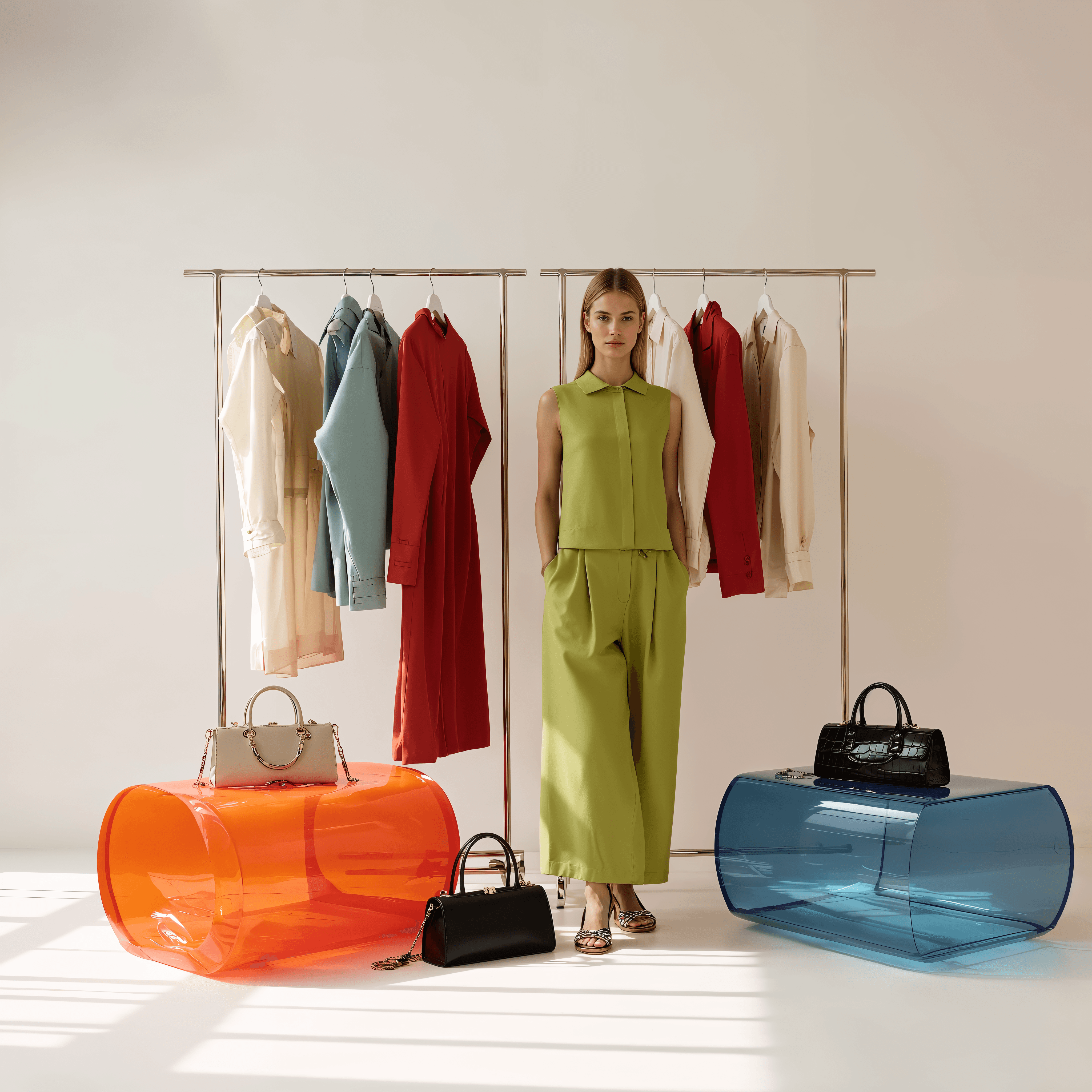 Model beside a clothing rail with handbags and cases arranged in a studio