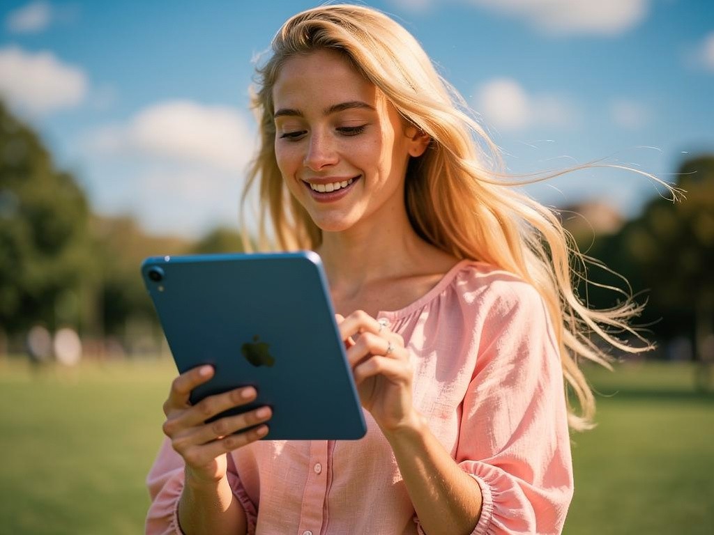 Creator outdoors smiling at a tablet in the sunshine