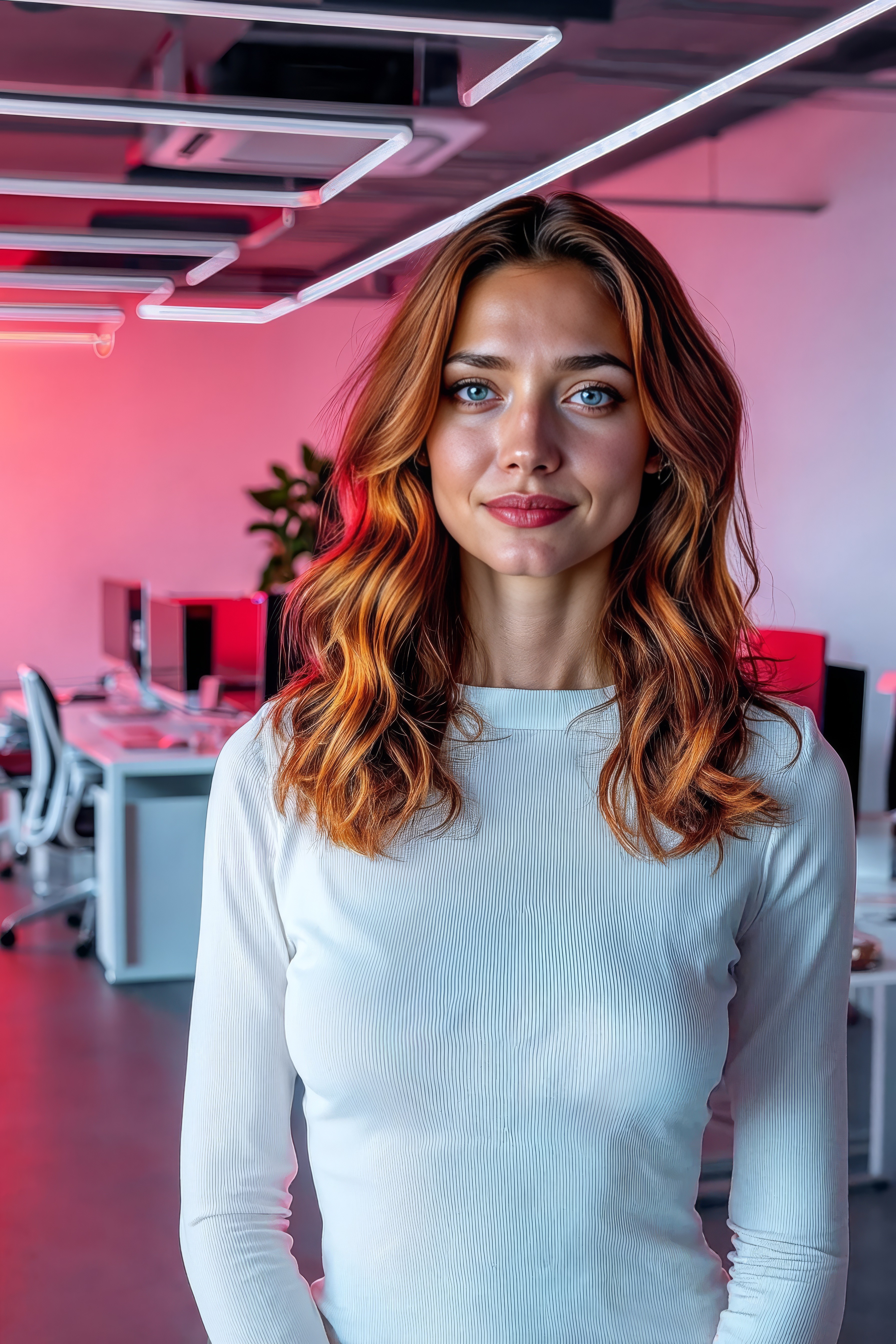 Creator standing in a workspace lit in pink and blue