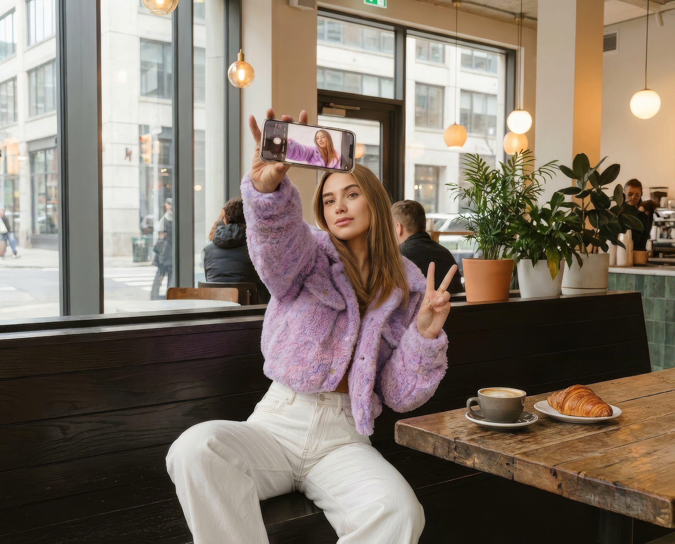 Creator filming herself on a phone in a café window seat