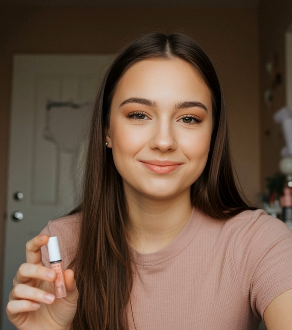 Creator holding a small product up to the camera at home