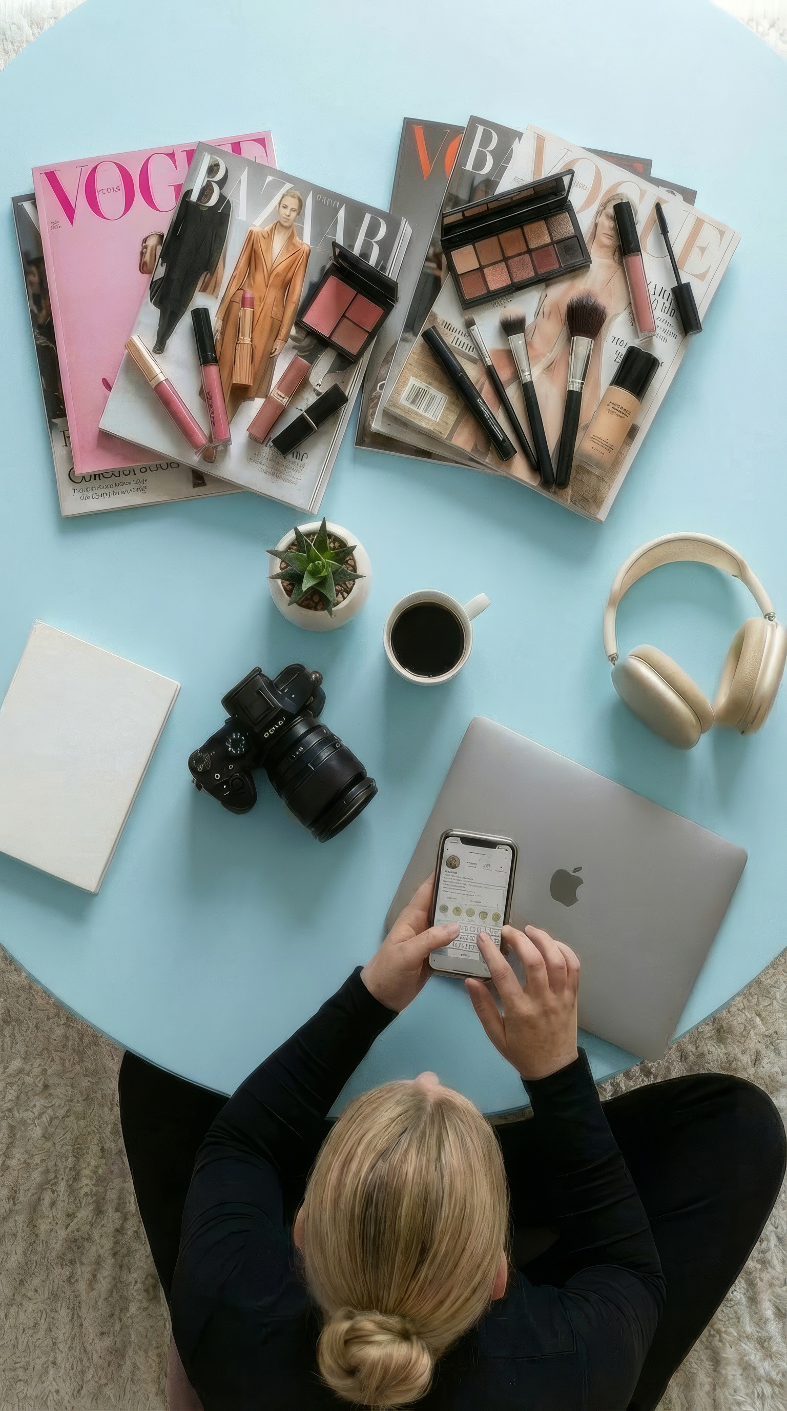Overhead view of a creator filming magazines, make-up and a camera on a blue table