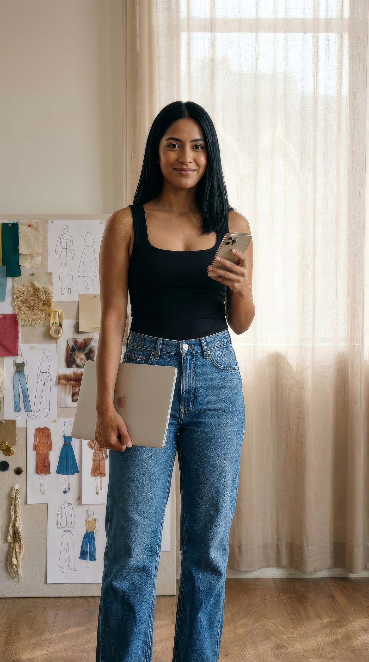 Creator holding a laptop in front of a mood board