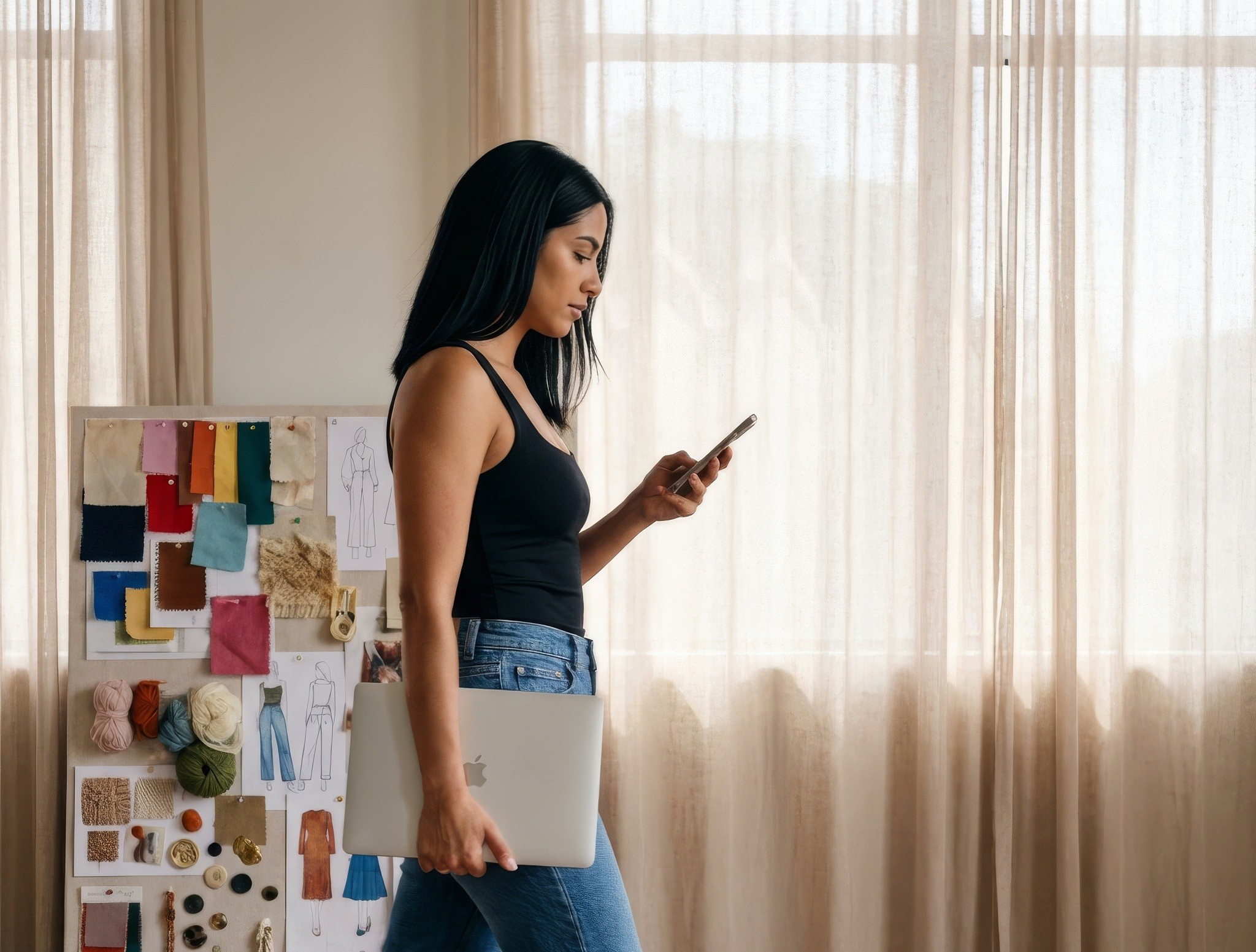 Creator checking her phone next to a wall of pinned references