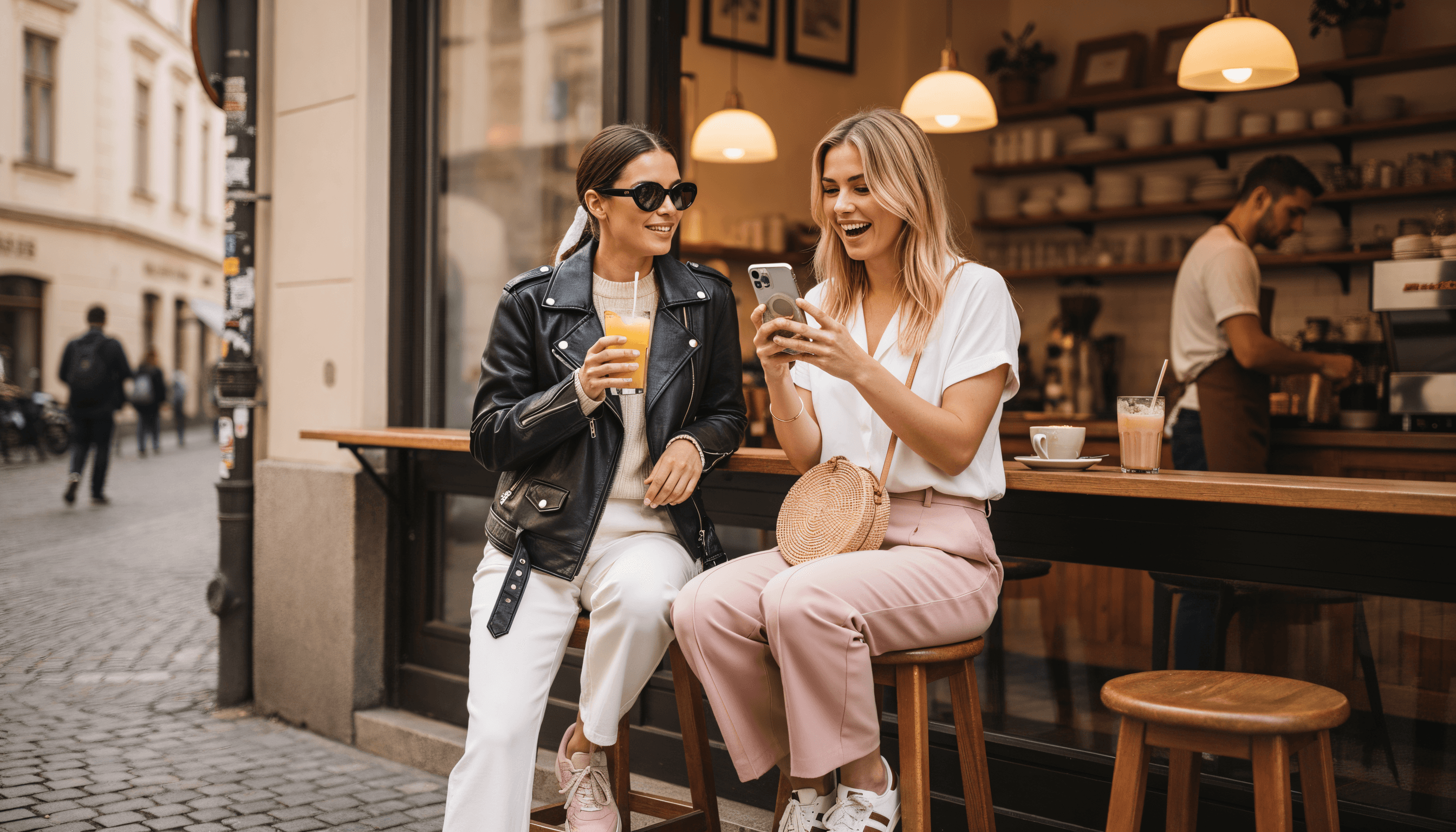 Two friends at a café counter, one showing the other something on a phone