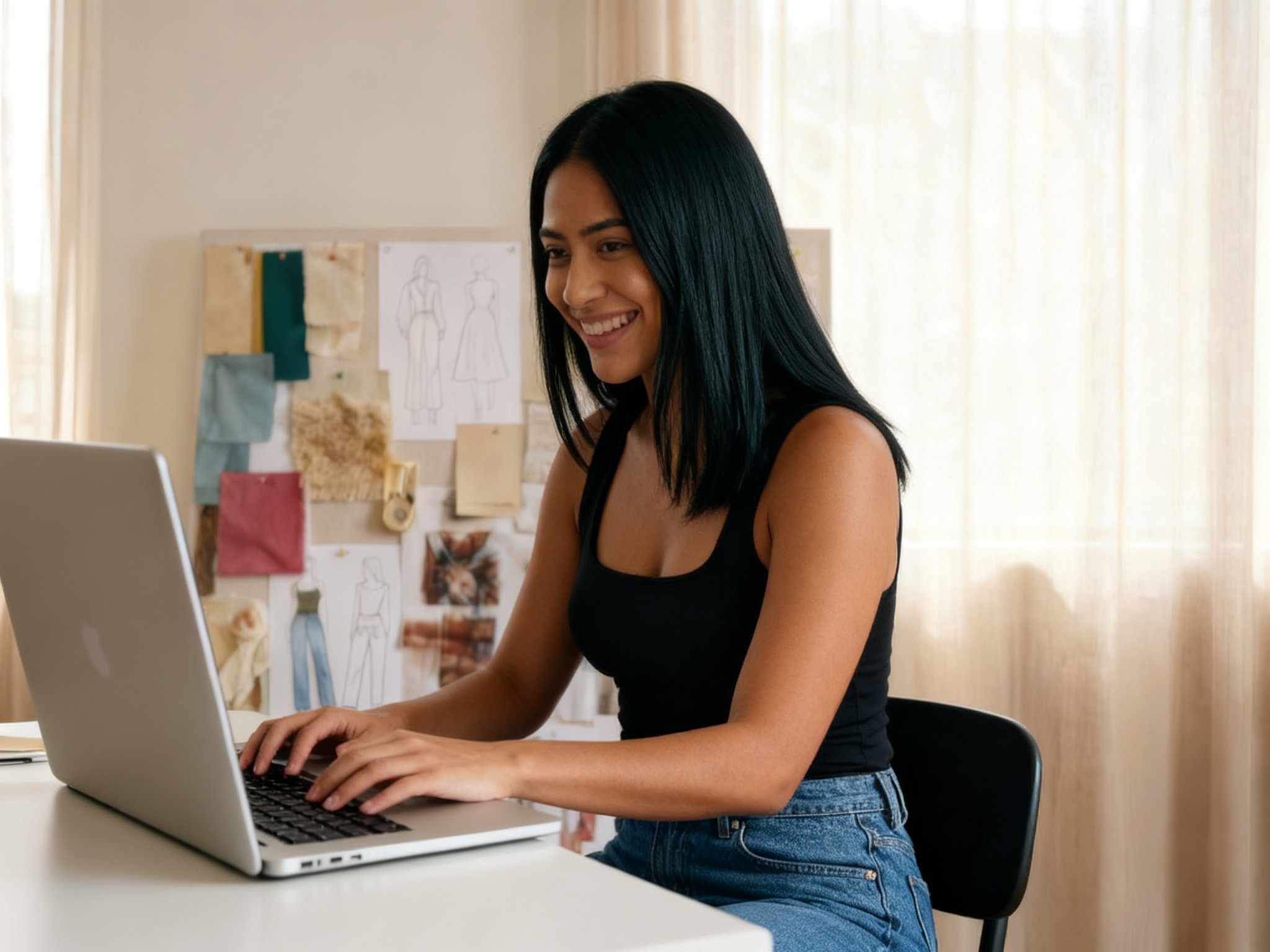Creator working at a laptop in front of a mood board