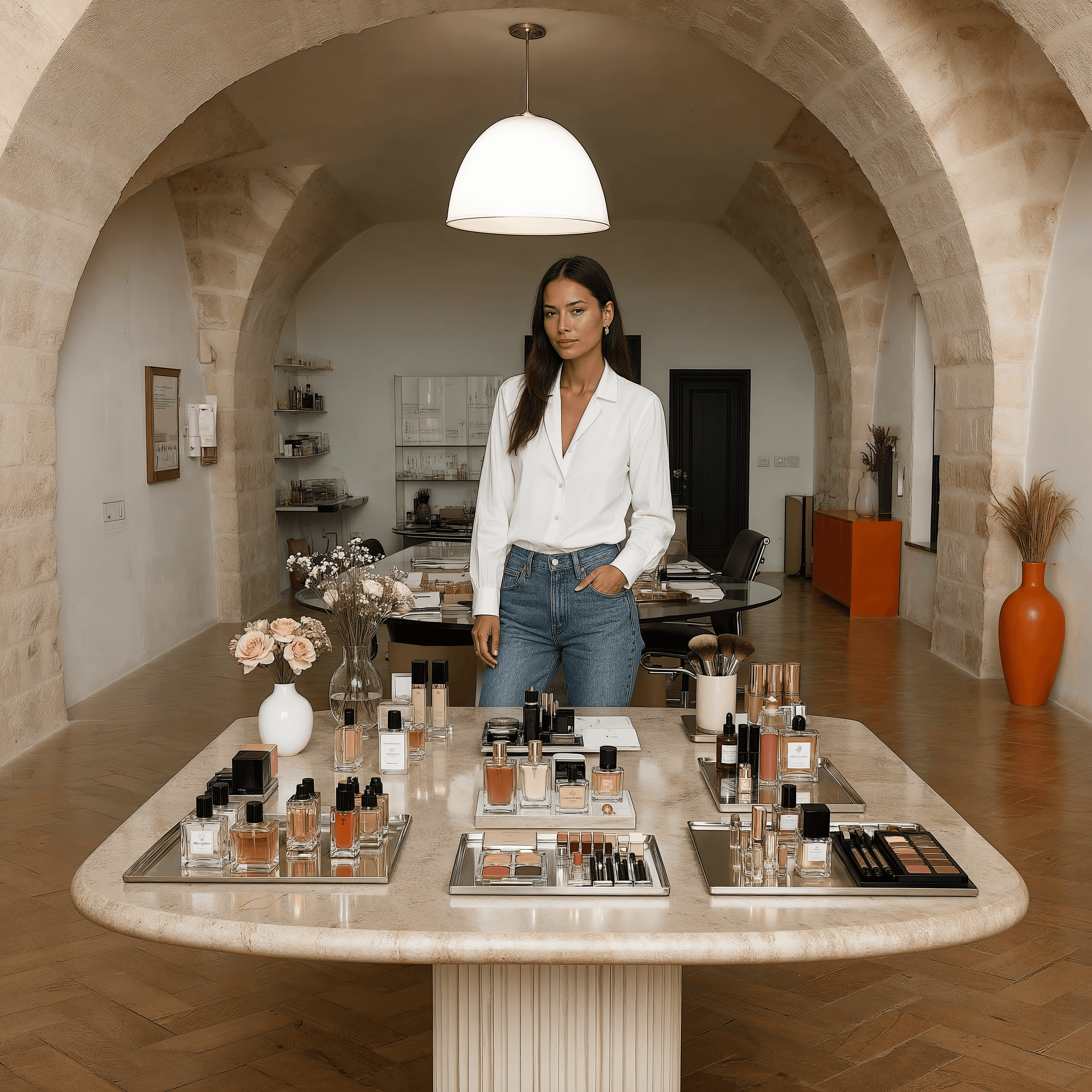 Creator behind a long table of beauty products in a showroom