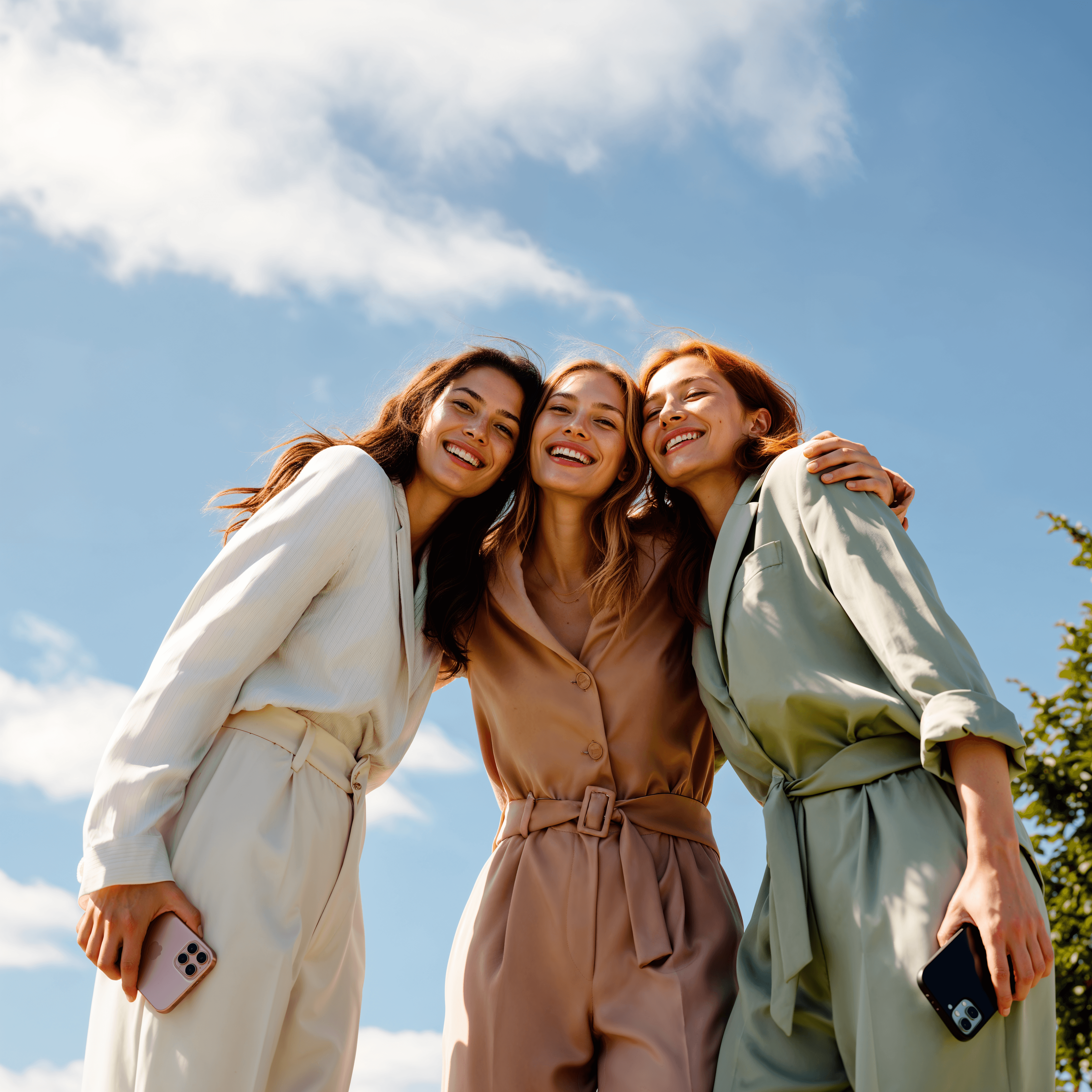 Three friends laughing together outdoors, one holding a phone